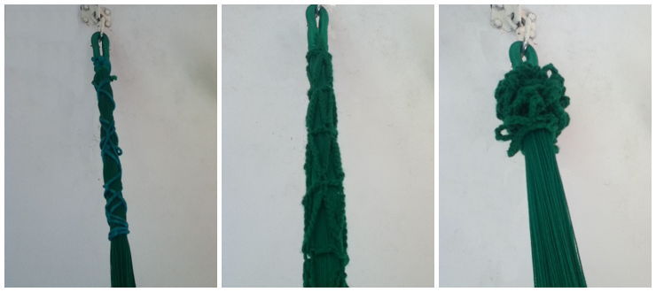 The shoelace version (okay, so I used a bit of sting), the crochet version pulled down and the crochet version pushed up side by side